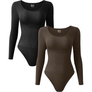 imageOQQ Womens 2 Piece Bodysuits Sexy Ribbed One Piece Long Sleeve Crew Neck Tops BodysuitsBlack darkbrown
