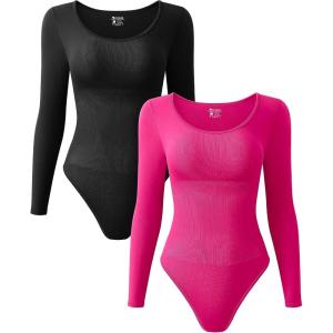 imageOQQ Womens 2 Piece Bodysuits Sexy Ribbed One Piece Long Sleeve Crew Neck Tops BodysuitsBlack rose3
