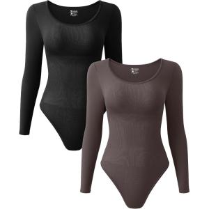 imageOQQ Womens 2 Piece Bodysuits Sexy Ribbed One Piece Long Sleeve Crew Neck Tops BodysuitsBlack tea Leaf