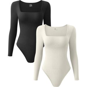 imageOQQ Womens 2 Piece Bodysuits Sexy Ribbed One Piece Square Neck Long Sleeve TopsBlack Beige