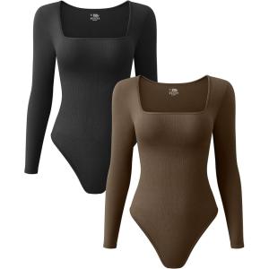 imageOQQ Womens 2 Piece Bodysuits Sexy Ribbed One Piece Square Neck Long Sleeve TopsBlack Coffee