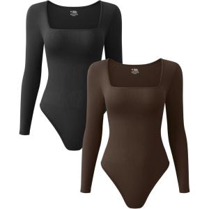 imageOQQ Womens 2 Piece Bodysuits Sexy Ribbed One Piece Square Neck Long Sleeve TopsBlack Darkbrown