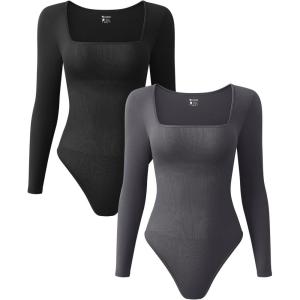 imageOQQ Womens 2 Piece Bodysuits Sexy Ribbed One Piece Square Neck Long Sleeve TopsBlack Darkgrey