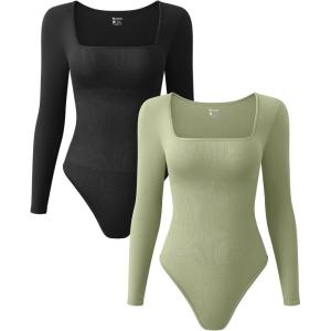 imageOQQ Womens 2 Piece Bodysuits Sexy Ribbed One Piece Square Neck Long Sleeve TopsBlack Jade Green