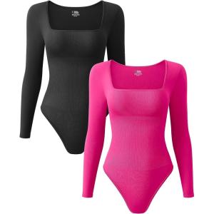 imageOQQ Womens 2 Piece Bodysuits Sexy Ribbed One Piece Square Neck Long Sleeve TopsBlack Pitaya