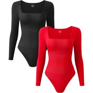 imageOQQ Womens 2 Piece Bodysuits Sexy Ribbed One Piece Square Neck Long Sleeve TopsBlack Red