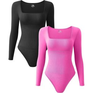 imageOQQ Womens 2 Piece Bodysuits Sexy Ribbed One Piece Square Neck Long Sleeve TopsBlack Rose