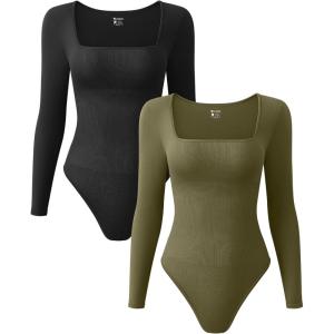 imageOQQ Womens 2 Piece Bodysuits Sexy Ribbed One Piece Square Neck Long Sleeve TopsBlack Sauerkraut