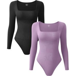 imageOQQ Womens 2 Piece Bodysuits Sexy Ribbed One Piece Square Neck Long Sleeve TopsBlack Taro Purple