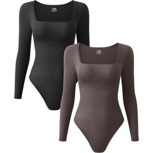 imageOQQ Womens 2 Piece Bodysuits Sexy Ribbed One Piece Square Neck Long Sleeve TopsBlack Tea Leaf
