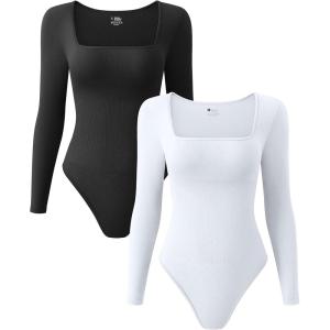 imageOQQ Womens 2 Piece Bodysuits Sexy Ribbed One Piece Square Neck Long Sleeve TopsBlack White