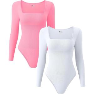 imageOQQ Womens 2 Piece Bodysuits Sexy Ribbed One Piece Square Neck Long Sleeve TopsCandypink White