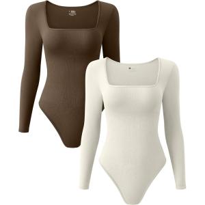 imageOQQ Womens 2 Piece Bodysuits Sexy Ribbed One Piece Square Neck Long Sleeve TopsCoffee Beige