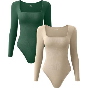 imageOQQ Womens 2 Piece Bodysuits Sexy Ribbed One Piece Square Neck Long Sleeve TopsDarkgreen Oatmeal
