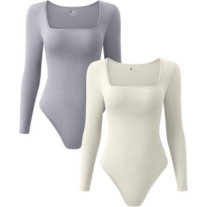 imageOQQ Womens 2 Piece Bodysuits Sexy Ribbed One Piece Square Neck Long Sleeve TopsGrey Beige