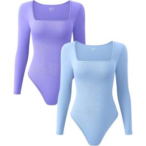 imageOQQ Womens 2 Piece Bodysuits Sexy Ribbed One Piece Square Neck Long Sleeve TopsPurple Candyblue