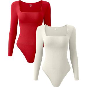imageOQQ Womens 2 Piece Bodysuits Sexy Ribbed One Piece Square Neck Long Sleeve TopsRed Beige
