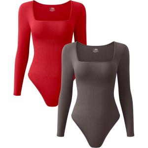 imageOQQ Womens 2 Piece Bodysuits Sexy Ribbed One Piece Square Neck Long Sleeve TopsRed Tea Leaf