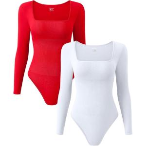 imageOQQ Womens 2 Piece Bodysuits Sexy Ribbed One Piece Square Neck Long Sleeve TopsRed White