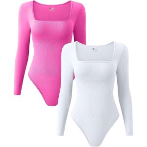 imageOQQ Womens 2 Piece Bodysuits Sexy Ribbed One Piece Square Neck Long Sleeve TopsRose White
