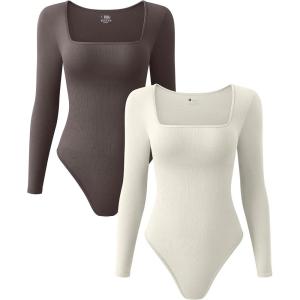 imageOQQ Womens 2 Piece Bodysuits Sexy Ribbed One Piece Square Neck Long Sleeve TopsTea Leaf Beige