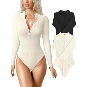 imageOQQ Womens 2 Piece Bodysuits Sexy Ribbed One Piece Zip Front Long Sleeve Tops BodysuitsBlack beige
