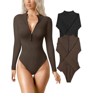 imageOQQ Womens 2 Piece Bodysuits Sexy Ribbed One Piece Zip Front Long Sleeve Tops BodysuitsBlack darkbrown