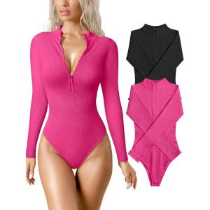 imageOQQ Womens 2 Piece Bodysuits Sexy Ribbed One Piece Zip Front Long Sleeve Tops BodysuitsBlack rose3