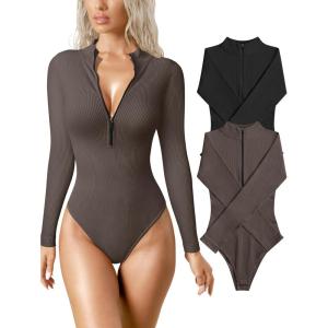 imageOQQ Womens 2 Piece Bodysuits Sexy Ribbed One Piece Zip Front Long Sleeve Tops BodysuitsBlack tea Leaf
