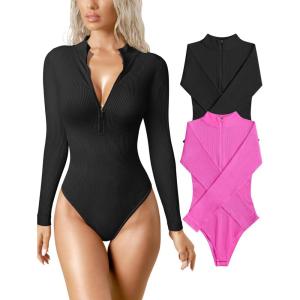 imageOQQ Womens 2 Piece Bodysuits Sexy Ribbed One Piece Zip Front Long Sleeve Tops BodysuitsRose black