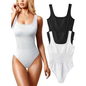 imageOQQ Womens 3 Piece Bodysuits Sexy Ribbed Sleeveless Square Neck Tank Tops Leotard 2025 Trendy OutfitsBlack Black White