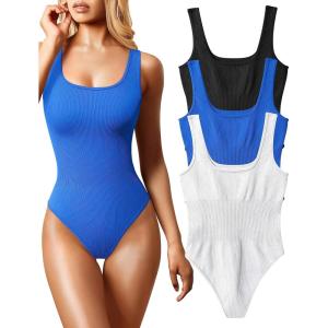 imageOQQ Womens 3 Piece Bodysuits Sexy Ribbed Sleeveless Square Neck Tank Tops Leotard 2025 Trendy OutfitsBlack Blue White