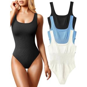 imageOQQ Womens 3 Piece Bodysuits Sexy Ribbed Sleeveless Square Neck Tank Tops Leotard 2025 Trendy OutfitsBlack Candyblue Beige