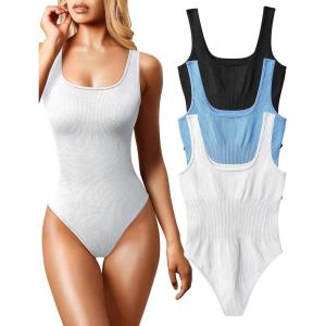 imageOQQ Womens 3 Piece Bodysuits Sexy Ribbed Sleeveless Square Neck Tank Tops Leotard 2025 Trendy OutfitsBlack Candyblue White