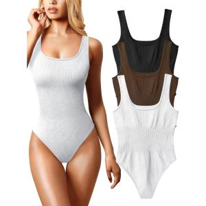imageOQQ Womens 3 Piece Bodysuits Sexy Ribbed Sleeveless Square Neck Tank Tops Leotard 2025 Trendy OutfitsBlack Coffee White