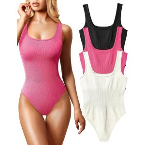 imageOQQ Womens 3 Piece Bodysuits Sexy Ribbed Sleeveless Square Neck Tank Tops Leotard 2025 Trendy OutfitsBlack Coral Beige