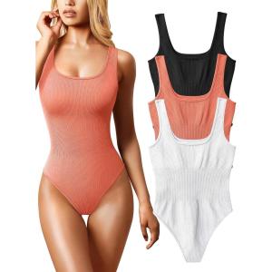 imageOQQ Womens 3 Piece Bodysuits Sexy Ribbed Sleeveless Square Neck Tank Tops Leotard 2025 Trendy OutfitsBlack Coral Orange White