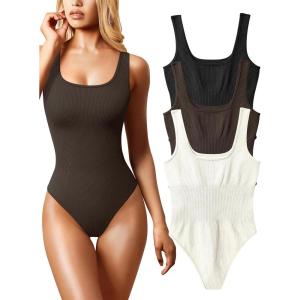 imageOQQ Womens 3 Piece Bodysuits Sexy Ribbed Sleeveless Square Neck Tank Tops Leotard 2025 Trendy OutfitsBlack Darkbrown Beige