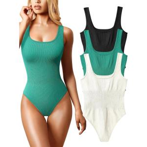 imageOQQ Womens 3 Piece Bodysuits Sexy Ribbed Sleeveless Square Neck Tank Tops Leotard 2025 Trendy OutfitsBlack Green Beige