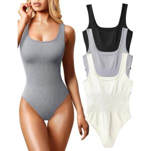 imageOQQ Womens 3 Piece Bodysuits Sexy Ribbed Sleeveless Square Neck Tank Tops Leotard 2025 Trendy OutfitsBlack Grey Beige