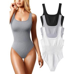imageOQQ Womens 3 Piece Bodysuits Sexy Ribbed Sleeveless Square Neck Tank Tops Leotard 2025 Trendy OutfitsBlack Grey White