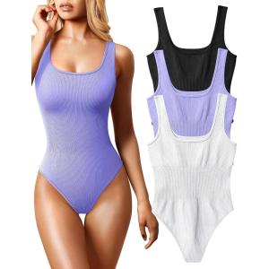 imageOQQ Womens 3 Piece Bodysuits Sexy Ribbed Sleeveless Square Neck Tank Tops Leotard 2025 Trendy OutfitsBlack Purple White