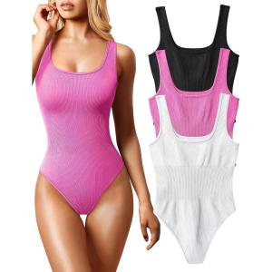 imageOQQ Womens 3 Piece Bodysuits Sexy Ribbed Sleeveless Square Neck Tank Tops Leotard 2025 Trendy OutfitsBlack Rose White