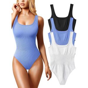 imageOQQ Womens 3 Piece Bodysuits Sexy Ribbed Sleeveless Square Neck Tank Tops Leotard 2025 Trendy OutfitsBlack Sky Blue White