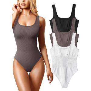 imageOQQ Womens 3 Piece Bodysuits Sexy Ribbed Sleeveless Square Neck Tank Tops Leotard 2025 Trendy OutfitsBlack Tea Leaf White