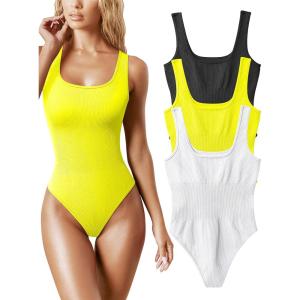imageOQQ Womens 3 Piece Bodysuits Sexy Ribbed Sleeveless Square Neck Tank Tops Leotard 2025 Trendy OutfitsBlack Yellow White