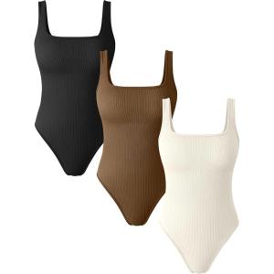 imageOQQ Womens 3 Piece Bodysuits Sexy Ribbed Sleeveless Square Neck Tank Tops Leotard 2025 Trendy OutfitsBlack coffee beige