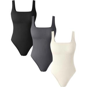 imageOQQ Womens 3 Piece Bodysuits Sexy Ribbed Sleeveless Square Neck Tank Tops Leotard 2025 Trendy OutfitsBlack darkgrey beige