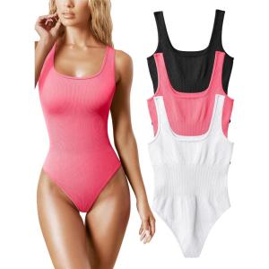 imageOQQ Womens 3 Piece Bodysuits Sexy Ribbed Sleeveless Square Neck Tank Tops Leotard 2025 Trendy OutfitsBlack fluorescent Pink A white