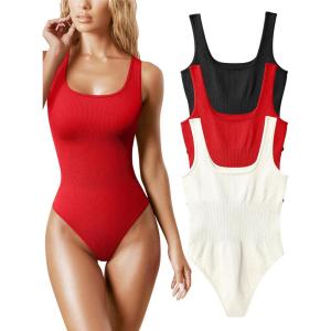 imageOQQ Womens 3 Piece Bodysuits Sexy Ribbed Sleeveless Square Neck Tank Tops Leotard 2025 Trendy OutfitsBlack red beige